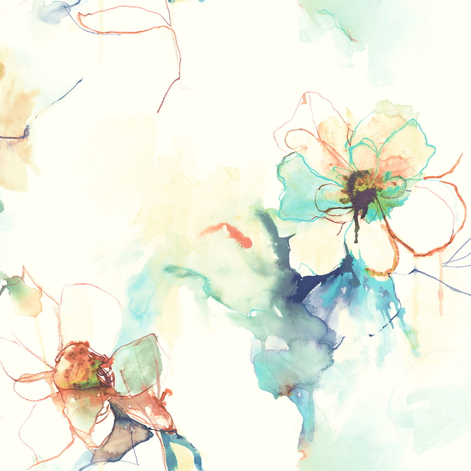 Seabrook Designs Anemone Watercolor Floral Turquoise &amp; Persimmon Wallpaper image 1 of 2