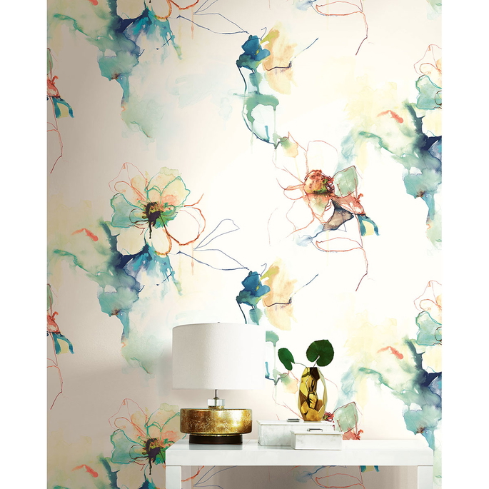 Seabrook Designs Anemone Watercolor Floral Turquoise &amp; Persimmon Wallpaper image 2 of 2