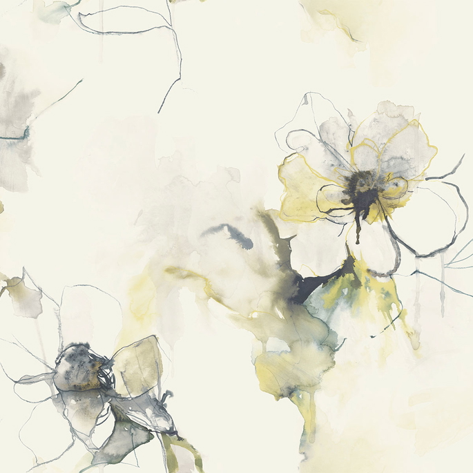 Seabrook Designs Anemone Watercolor Floral Dark Ash &amp; Canary Wallpaper image 1 of 2