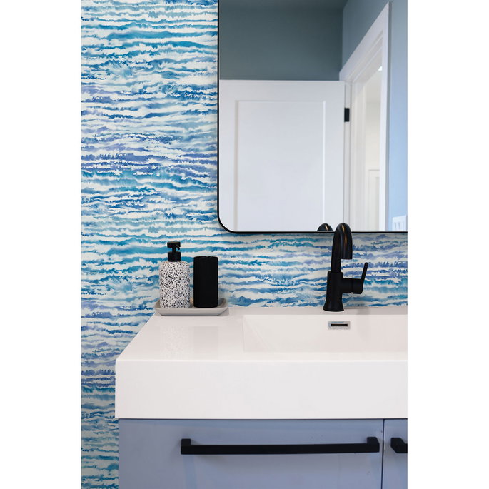 Seabrook Designs Watercolor Waves French Navy &amp; Aqua Wallpaper image 2 of 2