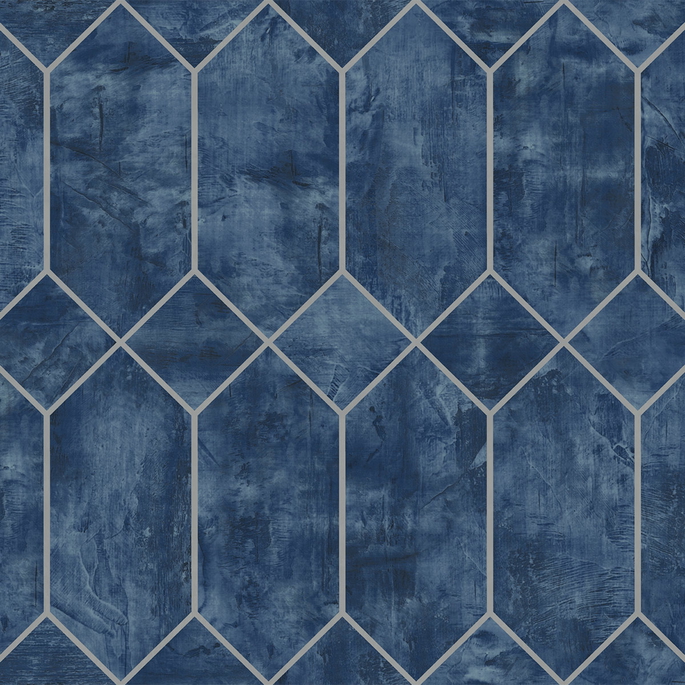 Seabrook Designs Geo Faux Denim Blue &amp; Metallic Silver Wallpaper image 1 of 2
