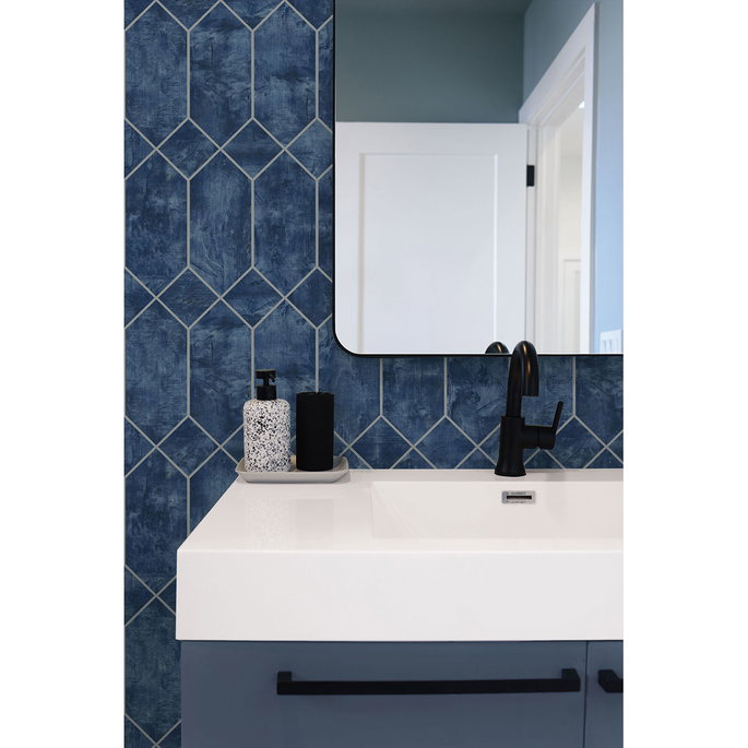 Seabrook Designs Geo Faux Denim Blue &amp; Metallic Silver Wallpaper image 2 of 2