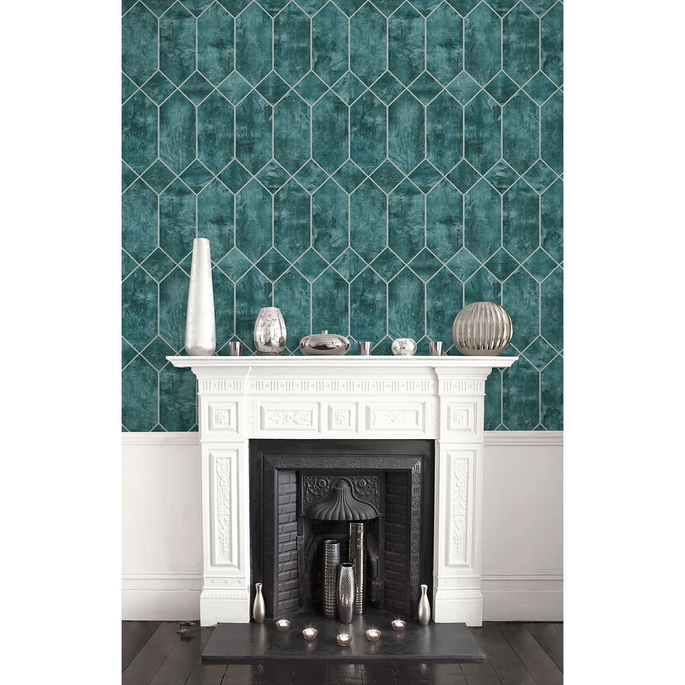 Seabrook Designs Geo Faux Emerald &amp; Metallic Silver Wallpaper image 2 of 2