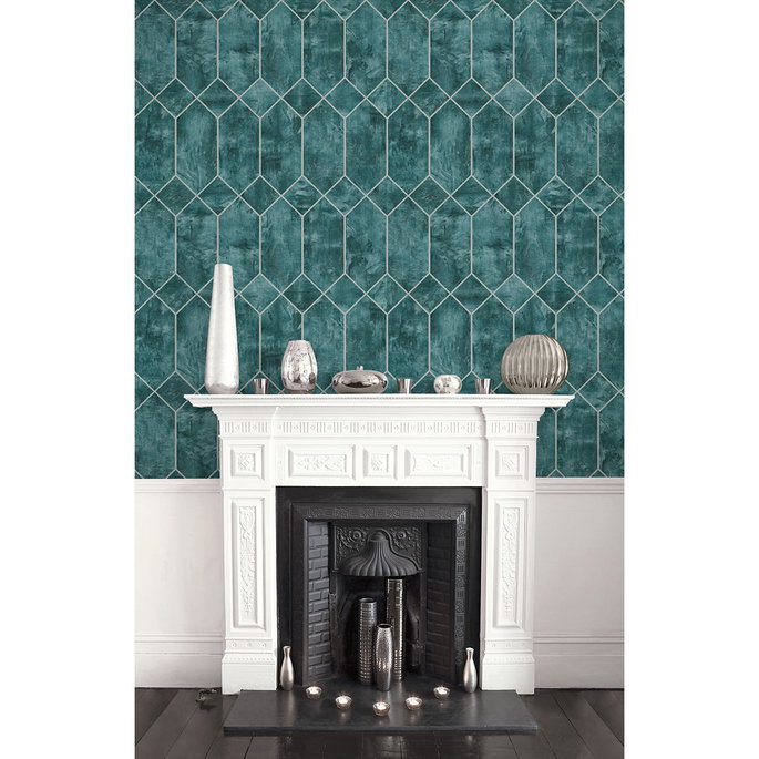 Seabrook Designs Geo Faux Emerald &amp; Metallic Silver Wallpaper image 2 of 2