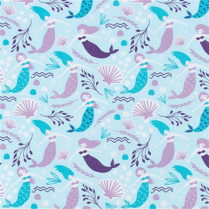 Premier Prints Mermaids Girly Blue Canvas Fabric