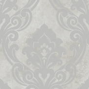 Seabrook Designs Vogue Damask Metallic Silver & Greige Wallpaper