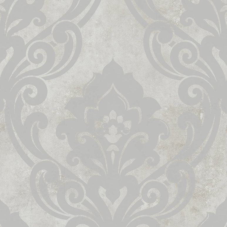 Seabrook Designs Vogue Damask Metallic Silver &amp; Greige Wallpaper