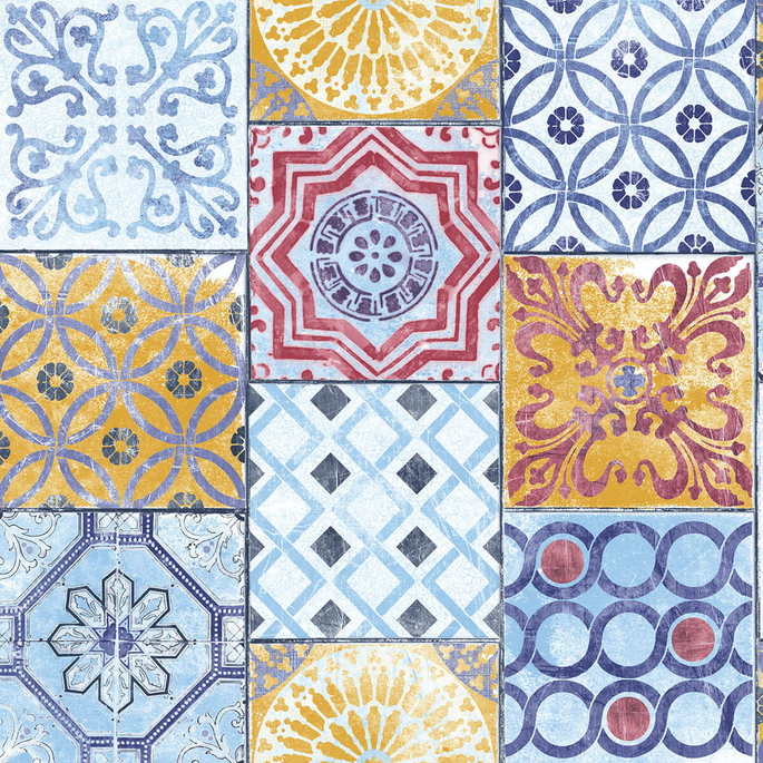 NextWall Peel &amp; Stick Colorful Moroccan Tile Blue/Yellow/Red Wallpaper image 1 of 4
