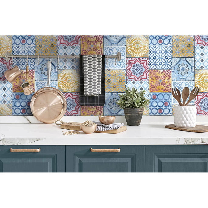 NextWall Peel &amp; Stick Colorful Moroccan Tile Blue/Yellow/Red Wallpaper image 3 of 4