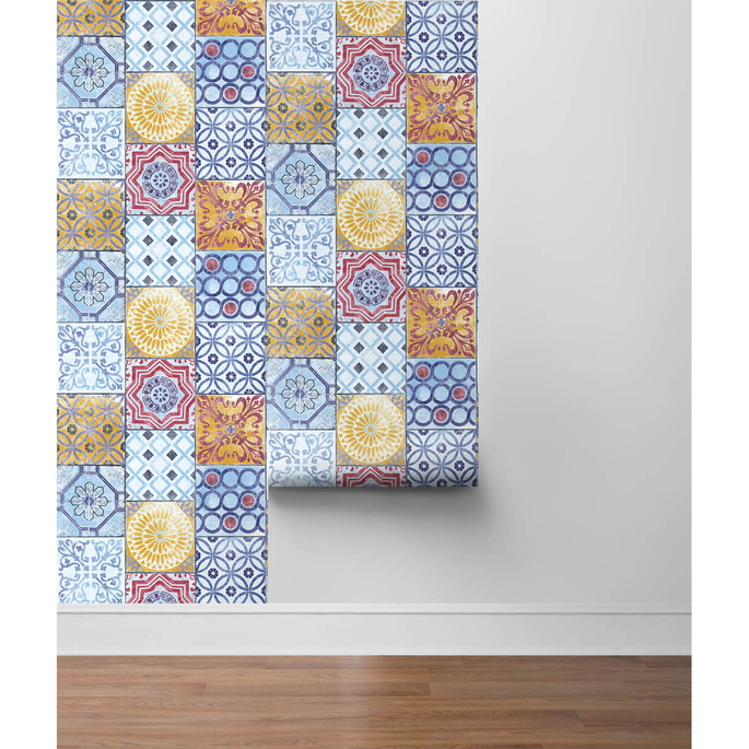 NextWall Peel &amp; Stick Colorful Moroccan Tile Blue/Yellow/Red Wallpaper image 4 of 4