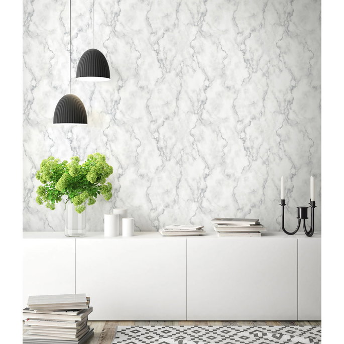 NextWall Peel &amp; Stick Faux Marble White &amp; Metallic Silver Wallpaper image 5 of 5