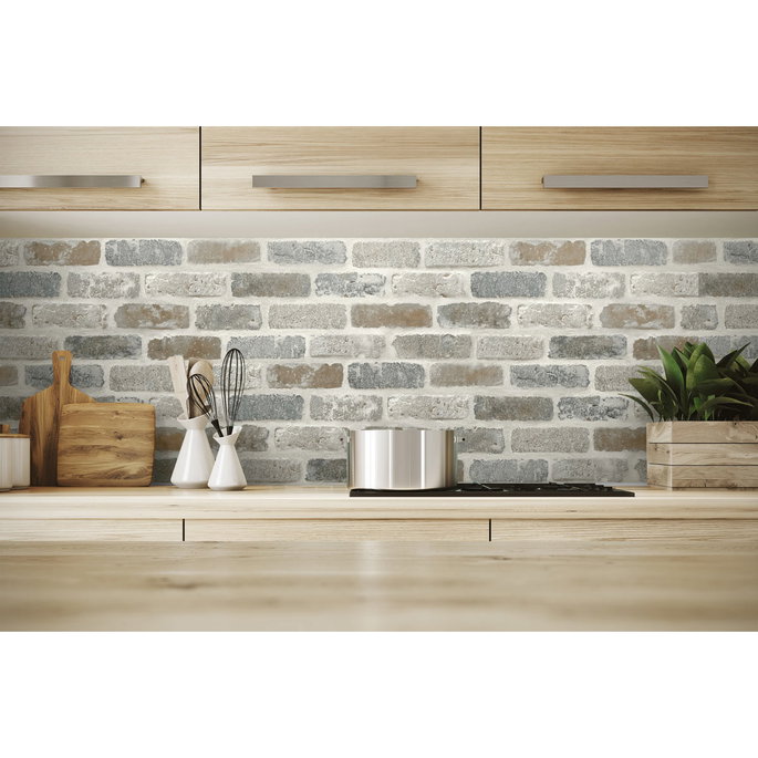 NextWall Peel &amp; Stick Washed Brick Soft Gray &amp; Rust Wallpaper image 2 of 5
