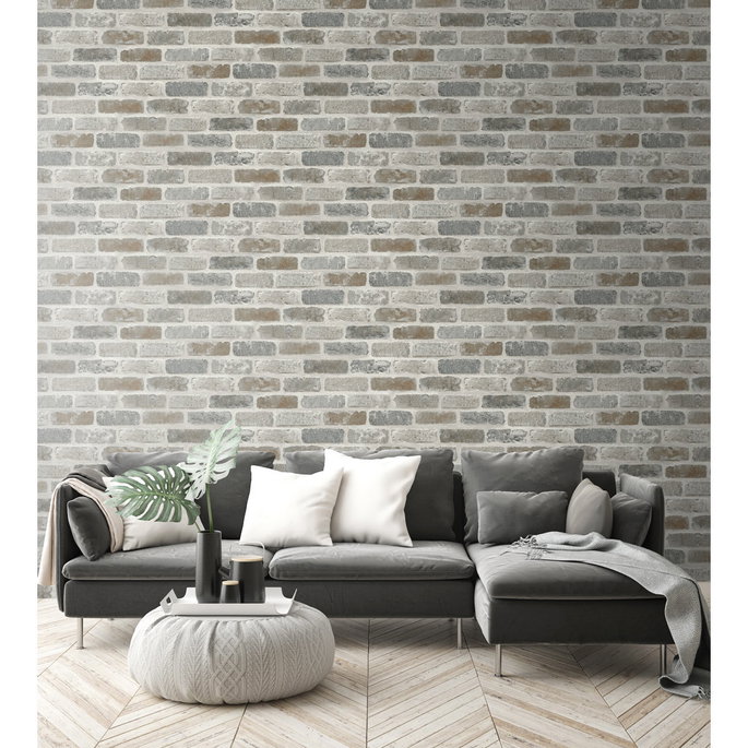NextWall Peel &amp; Stick Washed Brick Soft Gray &amp; Rust Wallpaper image 4 of 5