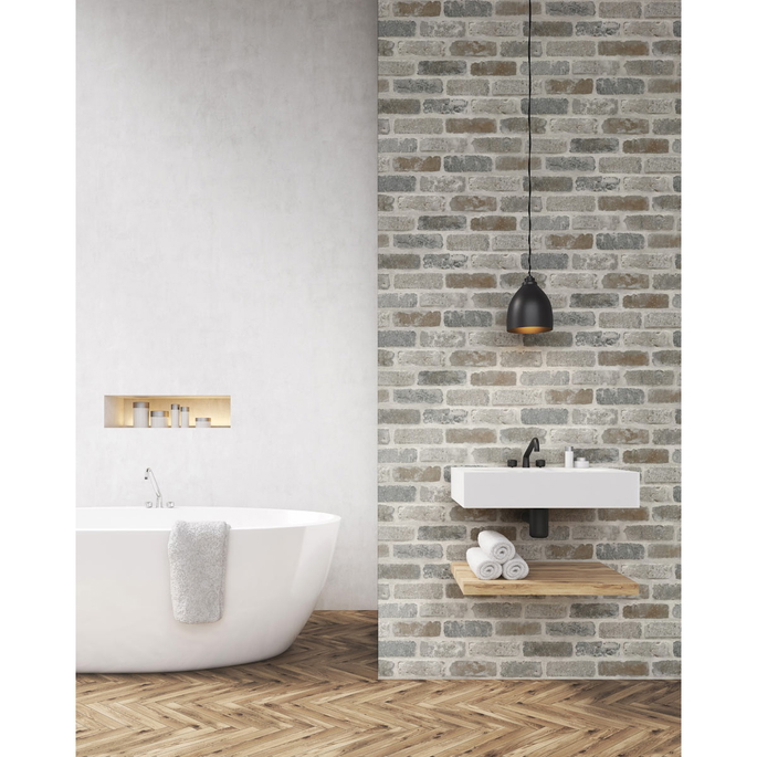 NextWall Peel &amp; Stick Washed Brick Soft Gray &amp; Rust Wallpaper image 5 of 5