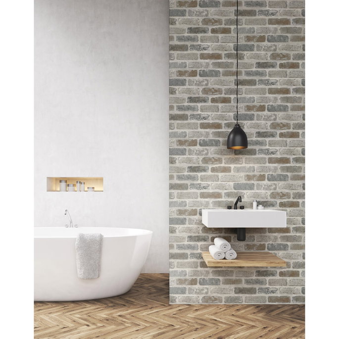 NextWall Peel &amp; Stick Washed Brick Soft Gray &amp; Rust Wallpaper image 5 of 5