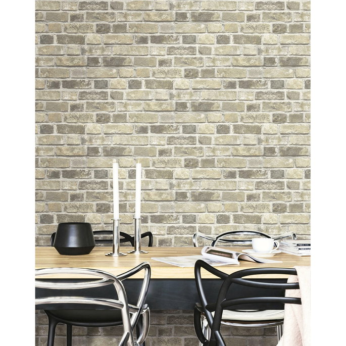 NextWall Peel &amp; Stick Distressed Neutral Brick Gray &amp; Tan Wallpaper image 2 of 5