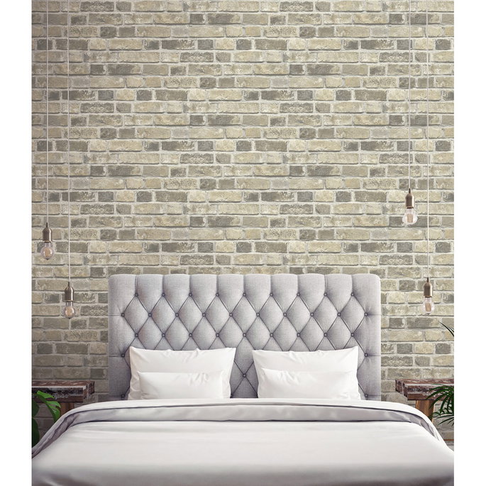 NextWall Peel &amp; Stick Distressed Neutral Brick Gray &amp; Tan Wallpaper image 5 of 5