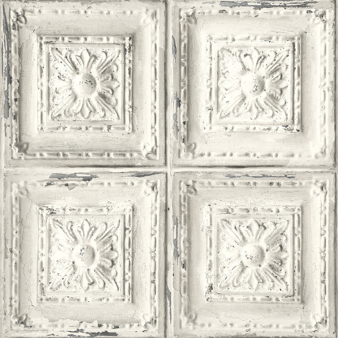 NextWall Peel &amp; Stick Distressed Tin Tile Linen &amp; Charcoal Wallpaper image 1 of 5