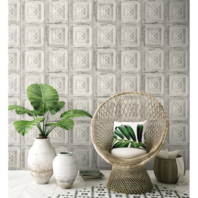 NextWall Peel &amp; Stick Distressed Tin Tile Linen &amp; Charcoal Wallpaper image 2 of 5