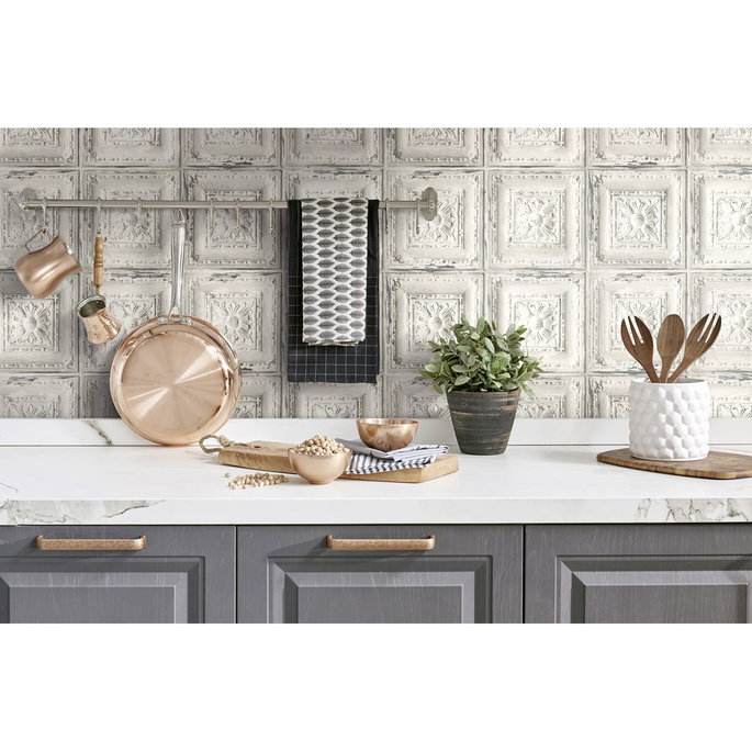 NextWall Peel &amp; Stick Distressed Tin Tile Linen &amp; Charcoal Wallpaper image 3 of 5