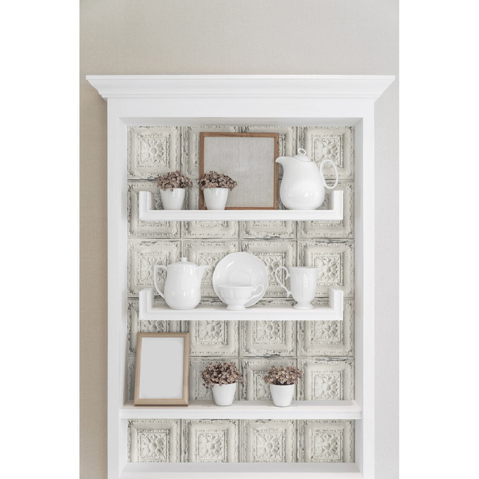NextWall Peel &amp; Stick Distressed Tin Tile Linen &amp; Charcoal Wallpaper image 4 of 5