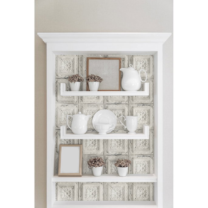 NextWall Peel &amp; Stick Distressed Tin Tile Linen &amp; Charcoal Wallpaper image 4 of 5