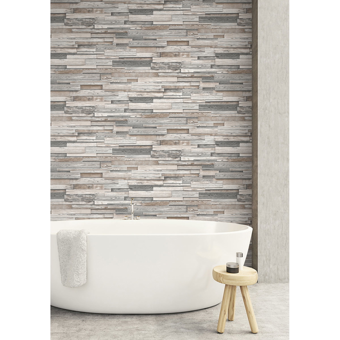 NextWall Peel &amp; Stick Reclaimed Wood Plank Light Gray &amp; Brown Wallpaper image 2 of 5