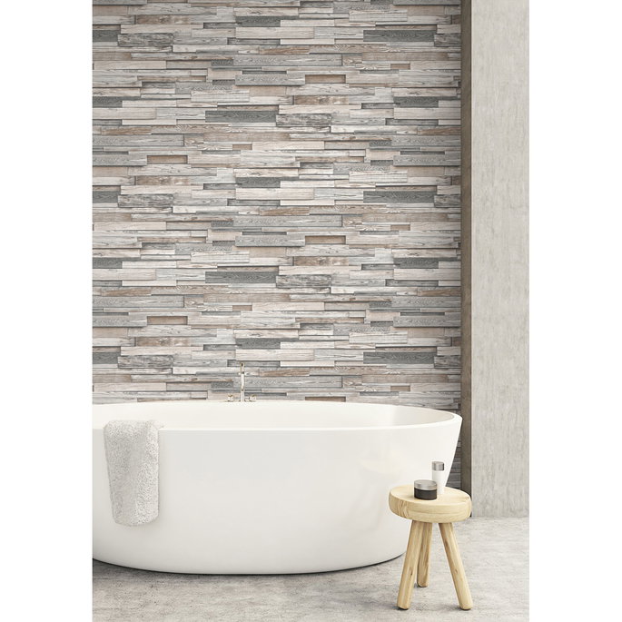 NextWall Peel &amp; Stick Reclaimed Wood Plank Light Gray &amp; Brown Wallpaper image 2 of 5