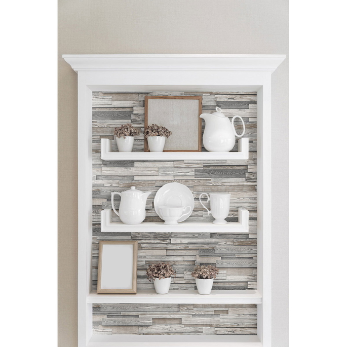 NextWall Peel &amp; Stick Reclaimed Wood Plank Light Gray &amp; Brown Wallpaper image 4 of 5