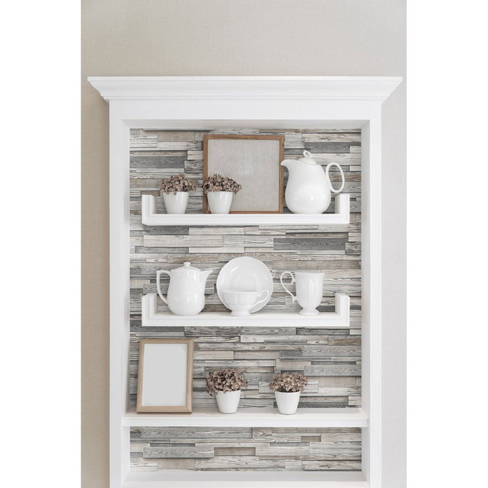 NextWall Peel &amp; Stick Reclaimed Wood Plank Light Gray &amp; Brown Wallpaper image 4 of 5