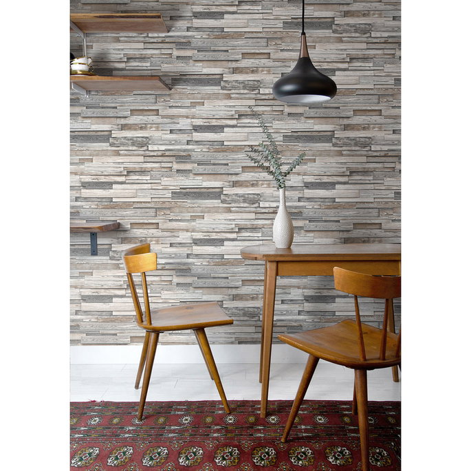 NextWall Peel &amp; Stick Reclaimed Wood Plank Light Gray &amp; Brown Wallpaper image 5 of 5