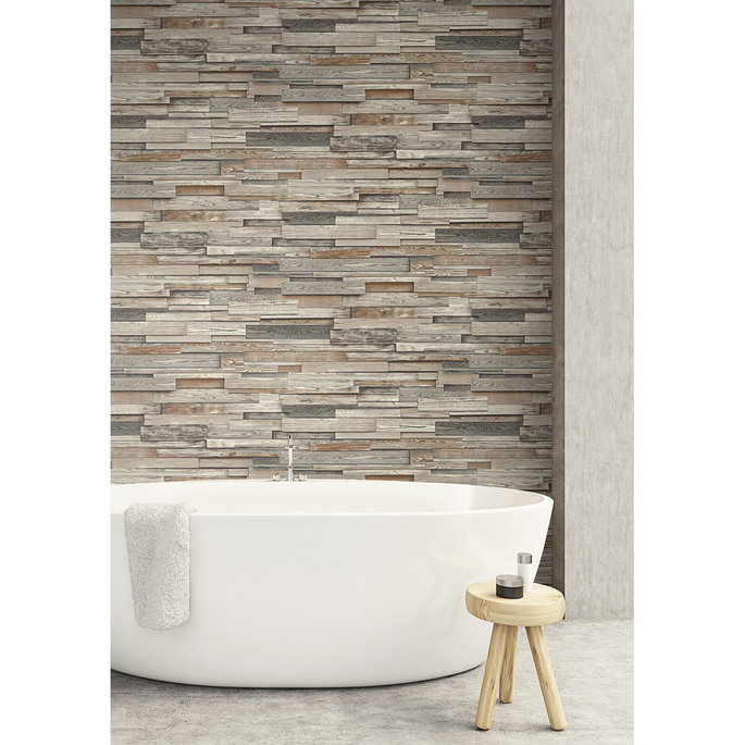 NextWall Peel &amp; Stick Reclaimed Wood Plank Charcoal &amp; Brown Wallpaper image 2 of 5