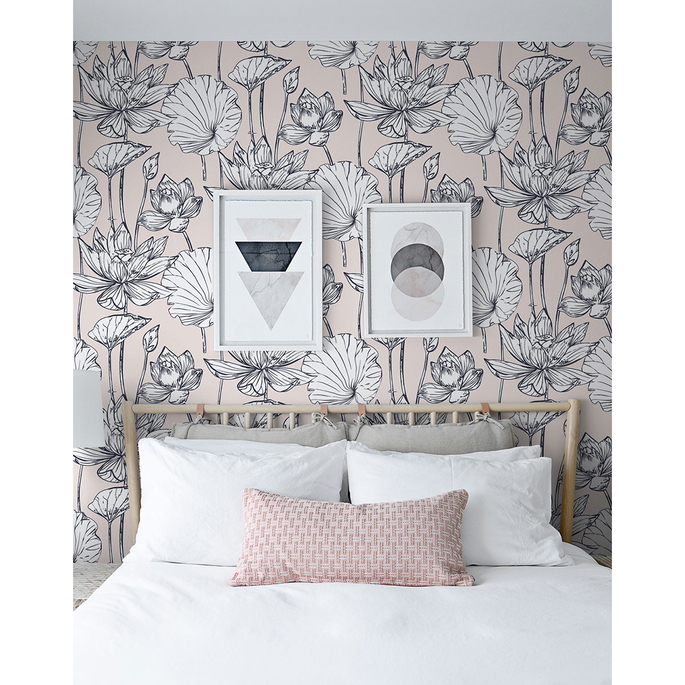 NextWall Peel &amp; Stick Lotus Floral Blush &amp; Ebony Wallpaper image 2 of 3