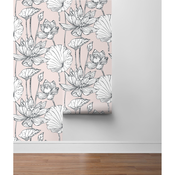 NextWall Peel &amp; Stick Lotus Floral Blush &amp; Ebony Wallpaper image 3 of 3