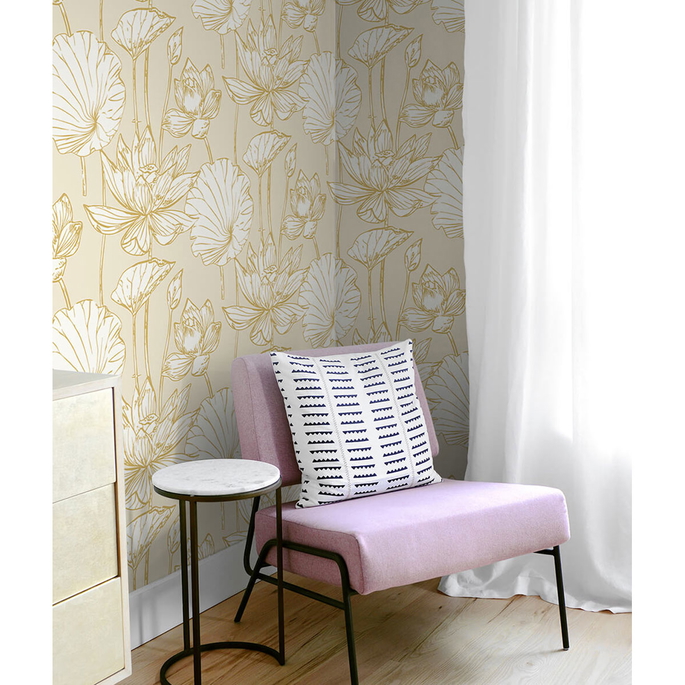 NextWall Peel &amp; Stick Lotus Floral Metallic Gold &amp; Cream Wallpaper image 2 of 5