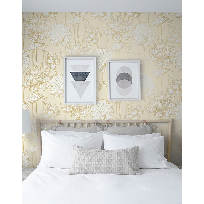 NextWall Peel &amp; Stick Lotus Floral Metallic Gold &amp; Cream Wallpaper image 4 of 5