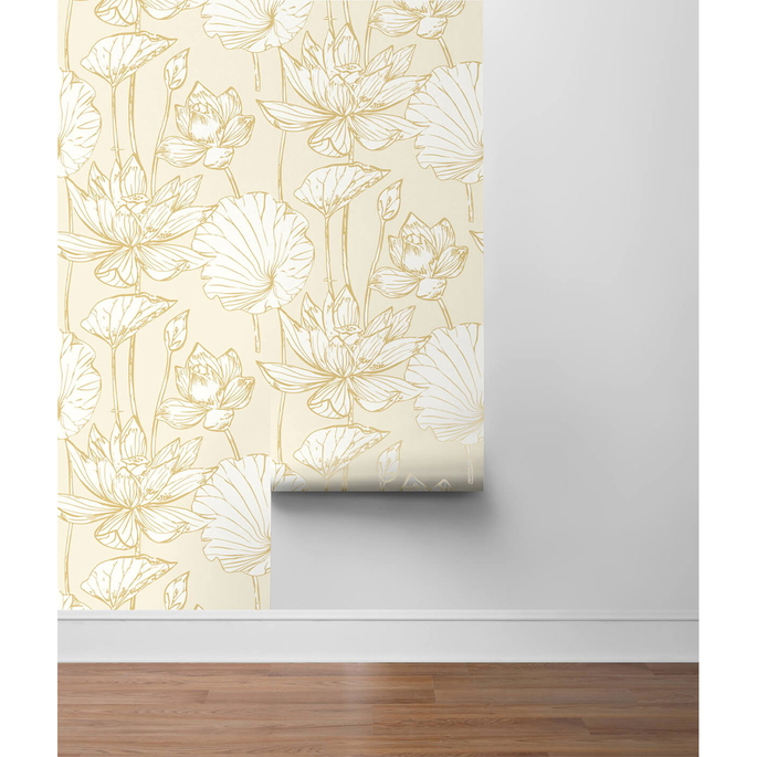 NextWall Peel &amp; Stick Lotus Floral Metallic Gold &amp; Cream Wallpaper image 5 of 5