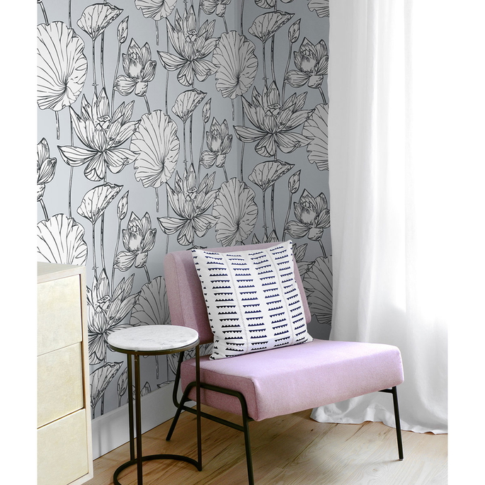 NextWall Peel &amp; Stick Lotus Floral Gray &amp; Ebony Wallpaper image 2 of 4