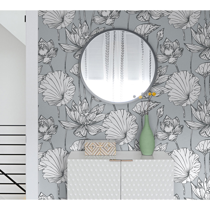 NextWall Peel &amp; Stick Lotus Floral Gray &amp; Ebony Wallpaper image 3 of 4