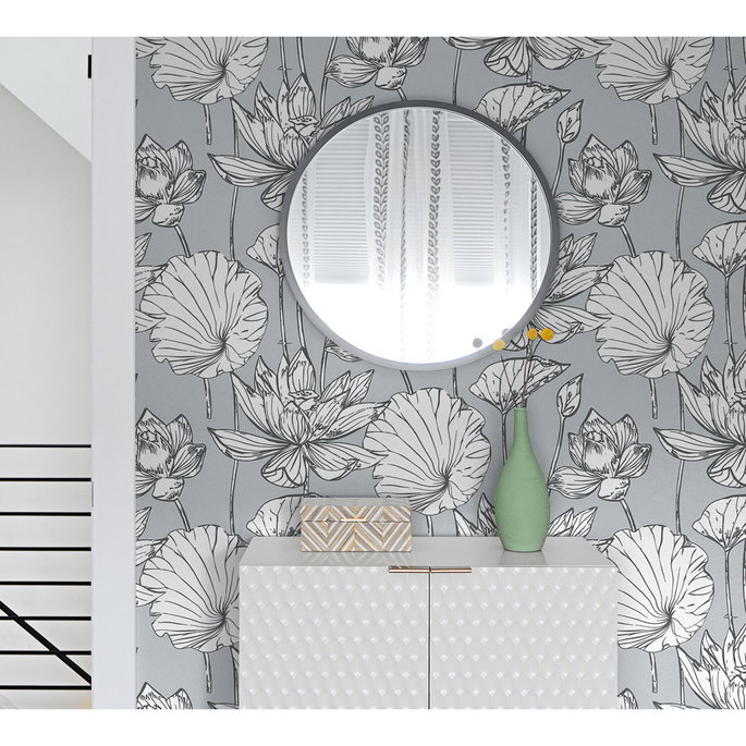 NextWall Peel &amp; Stick Lotus Floral Gray &amp; Ebony Wallpaper image 3 of 4