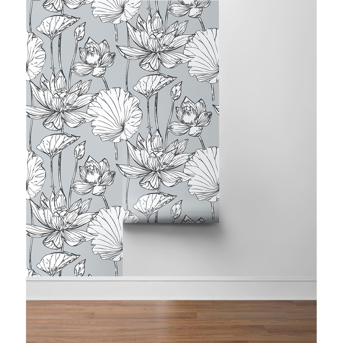 NextWall Peel &amp; Stick Lotus Floral Gray &amp; Ebony Wallpaper image 4 of 4