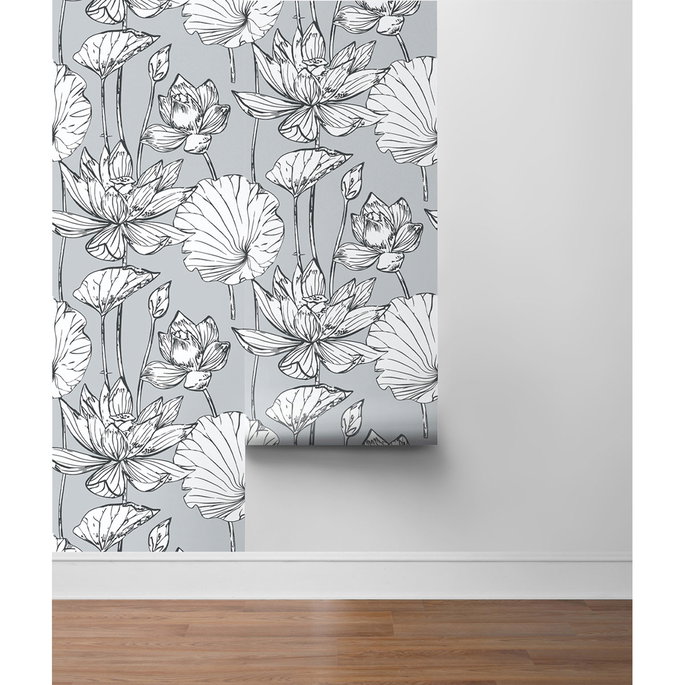NextWall Peel &amp; Stick Lotus Floral Gray &amp; Ebony Wallpaper image 4 of 4
