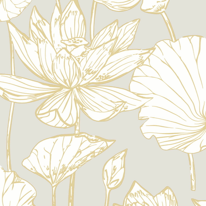 NextWall Peel &amp; Stick Lotus Floral Metallic Gold &amp; Gray Wallpaper image 1 of 5