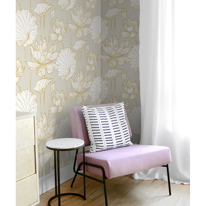 NextWall Peel &amp; Stick Lotus Floral Metallic Gold &amp; Gray Wallpaper image 2 of 5