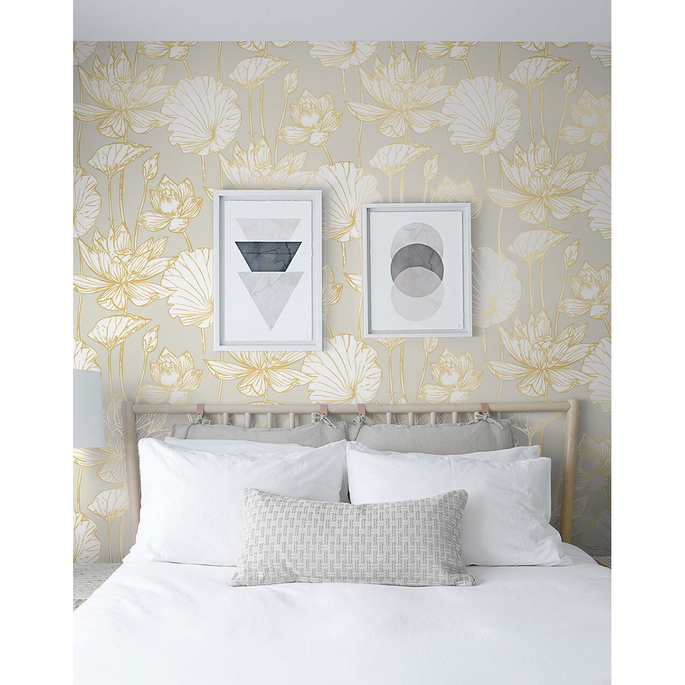 NextWall Peel &amp; Stick Lotus Floral Metallic Gold &amp; Gray Wallpaper image 4 of 5