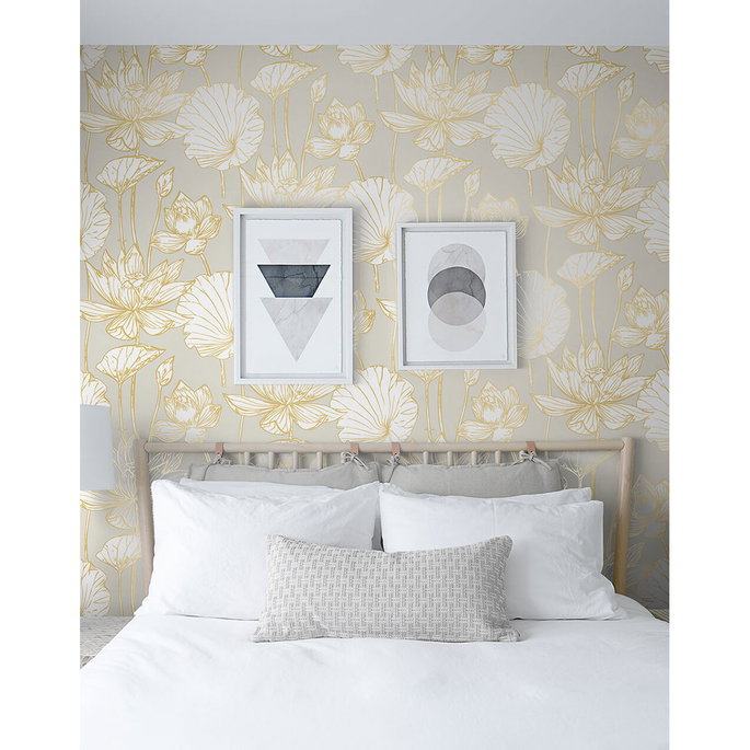 NextWall Peel &amp; Stick Lotus Floral Metallic Gold &amp; Gray Wallpaper image 4 of 5