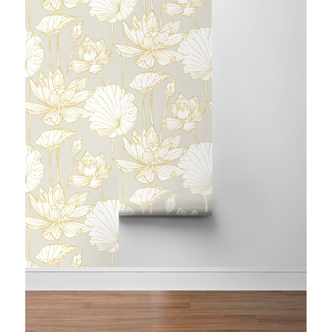 NextWall Peel &amp; Stick Lotus Floral Metallic Gold &amp; Gray Wallpaper image 5 of 5