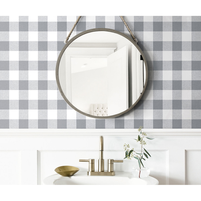 NextWall Peel &amp; Stick Picnic Plaid Gray &amp; White Wallpaper image 3 of 5