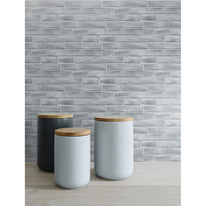NextWall Peel &amp; Stick Brushed Metal Tile Silver Wallpaper image 2 of 5