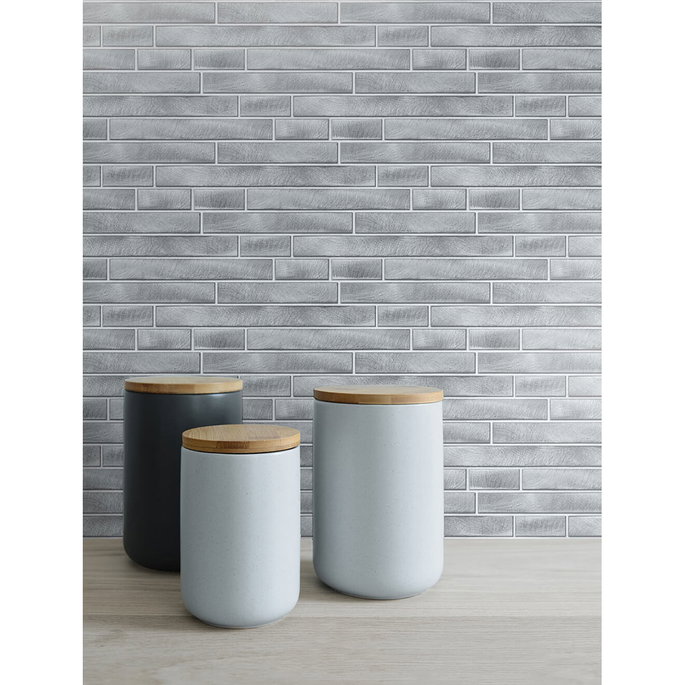 NextWall Peel &amp; Stick Brushed Metal Tile Silver Wallpaper image 2 of 5
